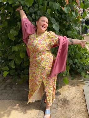 AFRM Floral Midi Dress Bright Pink Yellow Puff Sleeve Wedding Guest Dress XL